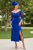 Bleu royal épaules dénudées 3/4 manches Robe de mère de la mariée avec dentelle