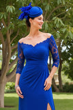 Bleu royal épaules dénudées 3/4 manches Robe de mère de la mariée avec dentelle