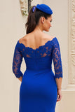 Bleu royal épaules dénudées 3/4 manches Robe de mère de la mariée avec dentelle