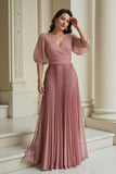 Dusty Rose A-ligne col en V en mousseline de soie longue mère de la mariée robe à volants