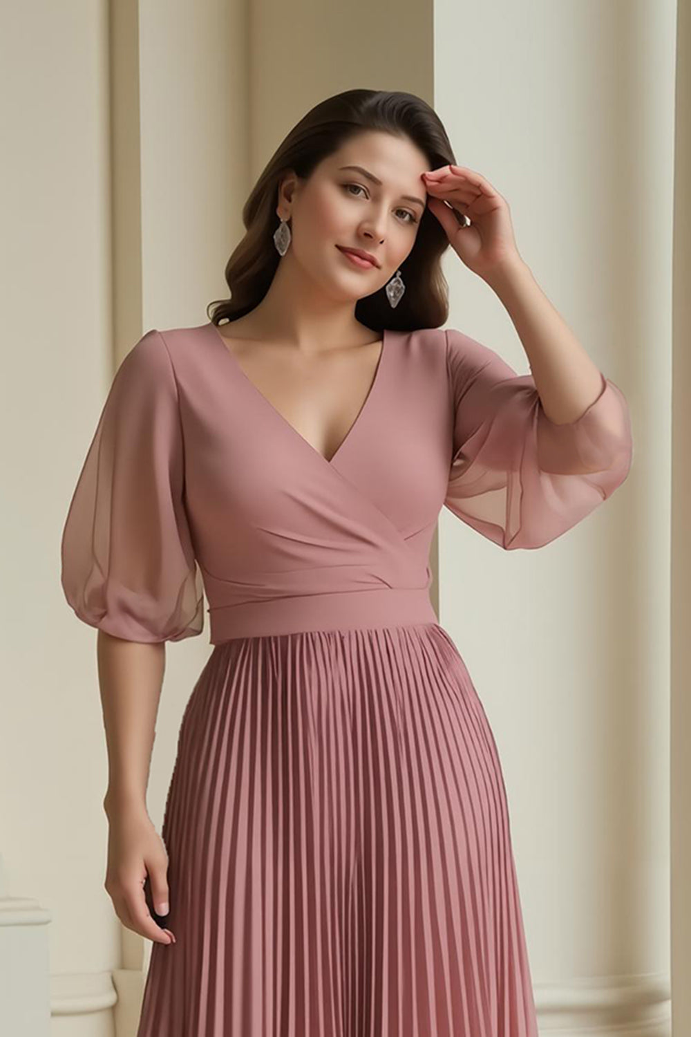 Dusty Rose A-ligne col en V en mousseline de soie longue mère de la mariée robe à volants