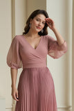 Dusty Rose A-ligne col en V en mousseline de soie longue mère de la mariée robe à volants