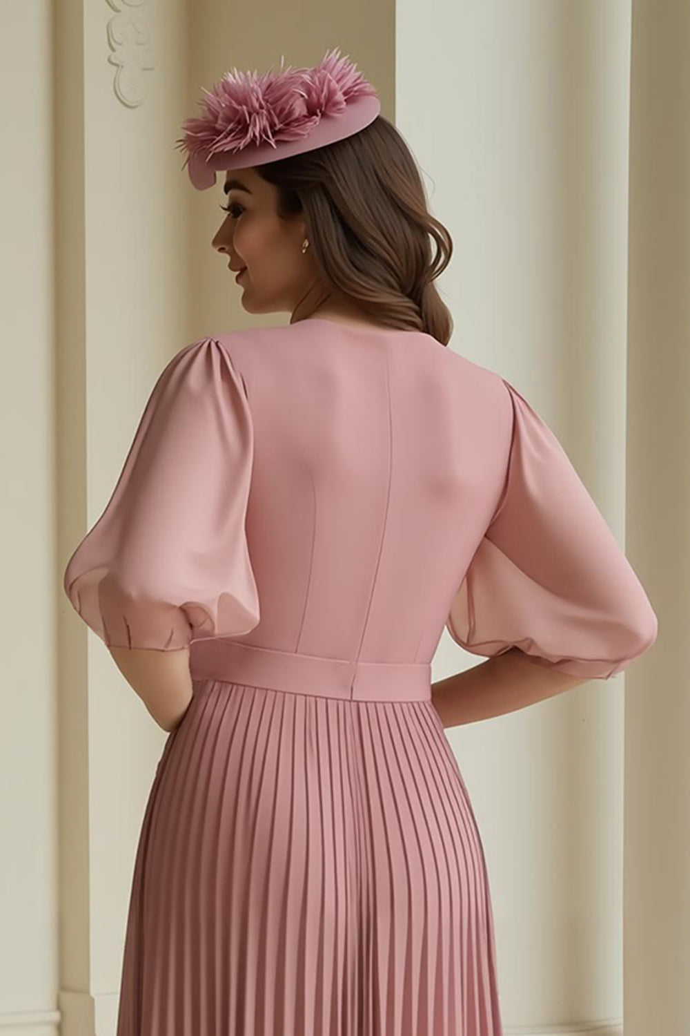 Dusty Rose A-ligne col en V en mousseline de soie longue mère de la mariée robe à volants