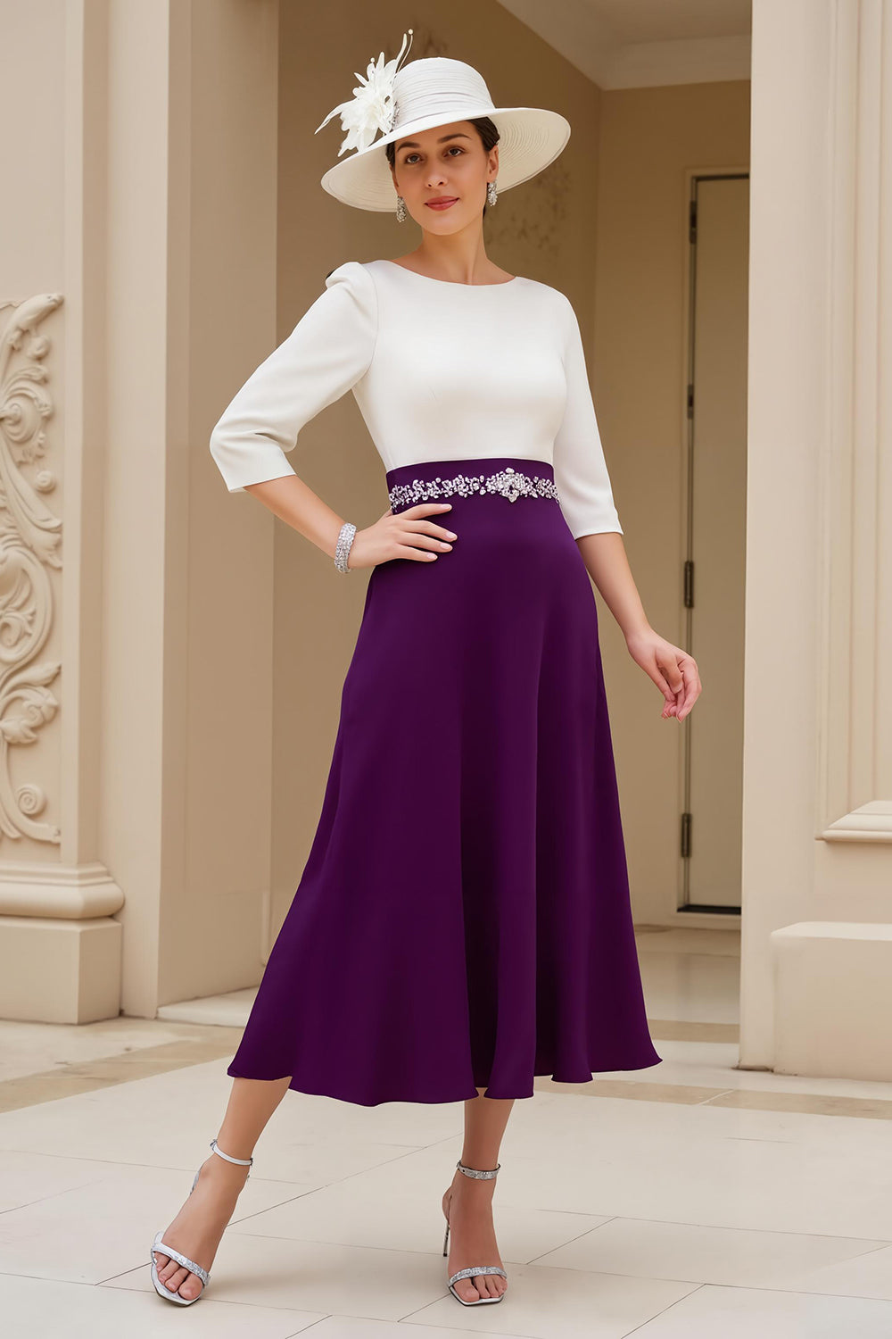 Noir et blanc A-ligne col bateau Robe mère de la mariée avec perles