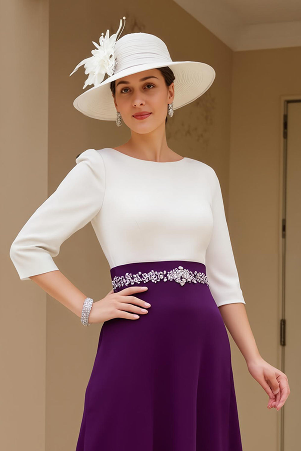 Noir et blanc A-ligne col bateau Robe mère de la mariée avec perles