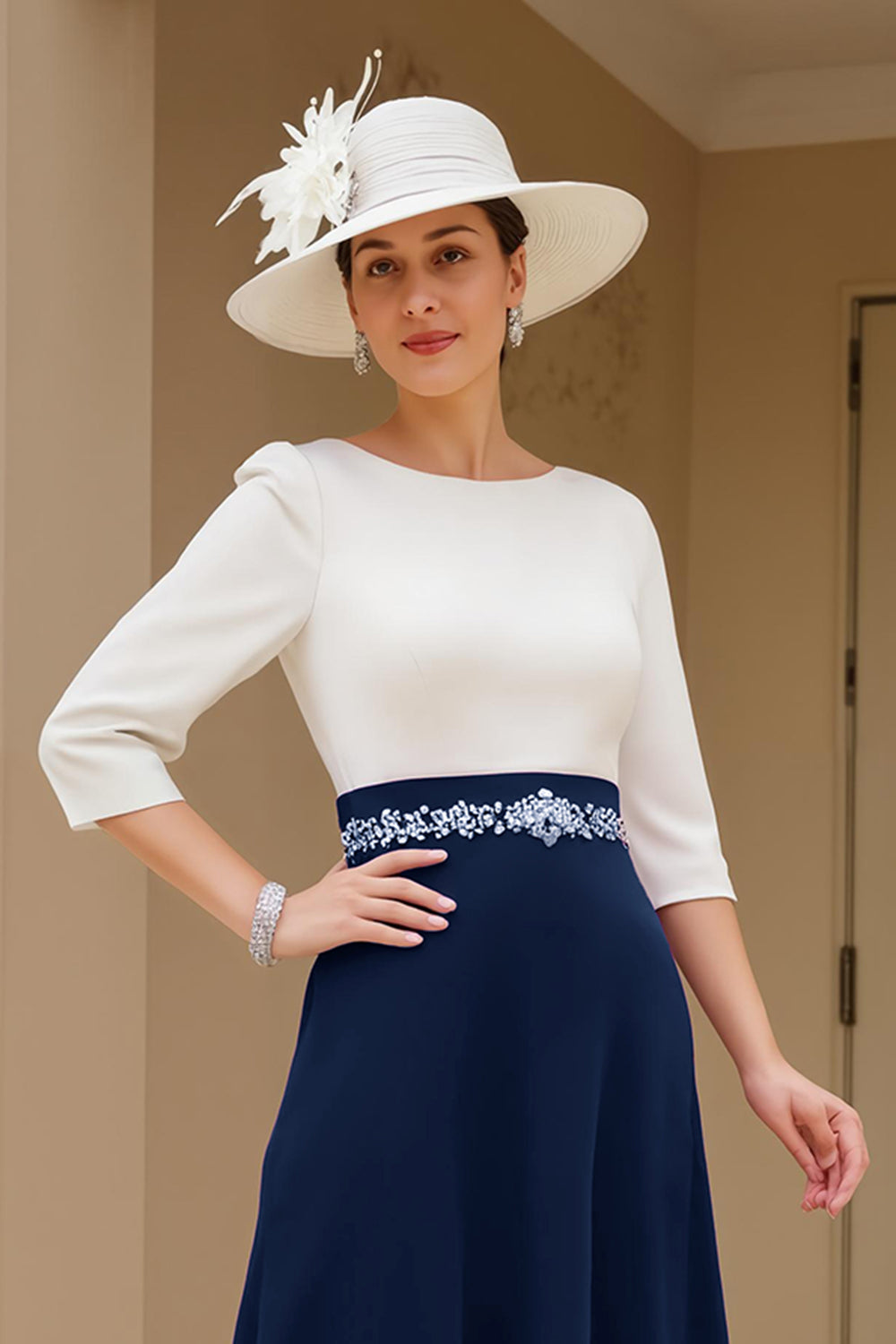 Noir et blanc A-ligne col bateau Robe mère de la mariée avec perles