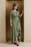 Olive A-ligne col bateau 3/4 manches froncées robe mère de la mariée avec volants