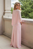 Trapèze rose bonbon col bateau manches 3/4 mousseline de soie longue robe mère de la mariée