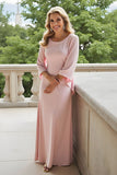 Trapèze rose bonbon col bateau manches 3/4 mousseline de soie longue robe mère de la mariée