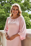 Trapèze rose bonbon col bateau manches 3/4 mousseline de soie longue robe mère de la mariée