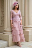 Fard à joues A-Trap V-Neck Evenement Robe Mère de la Mariée avec Appliques de Dentelle
