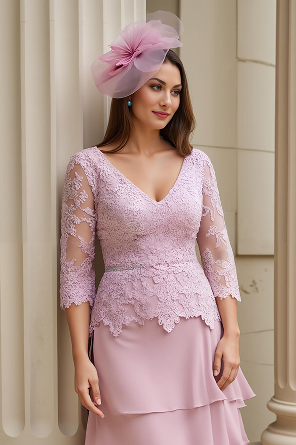 Fard à joues A-Trap V-Neck Evenement Robe Mère de la Mariée avec Appliques de Dentelle