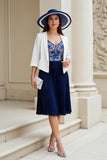 Robe 2 pièces Mère de la mariée trapèze bleu marine à col en V avec plis