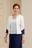 Robe 3 pièces Mère de la mariée à col bateau bleu marine trapèze avec dentelle