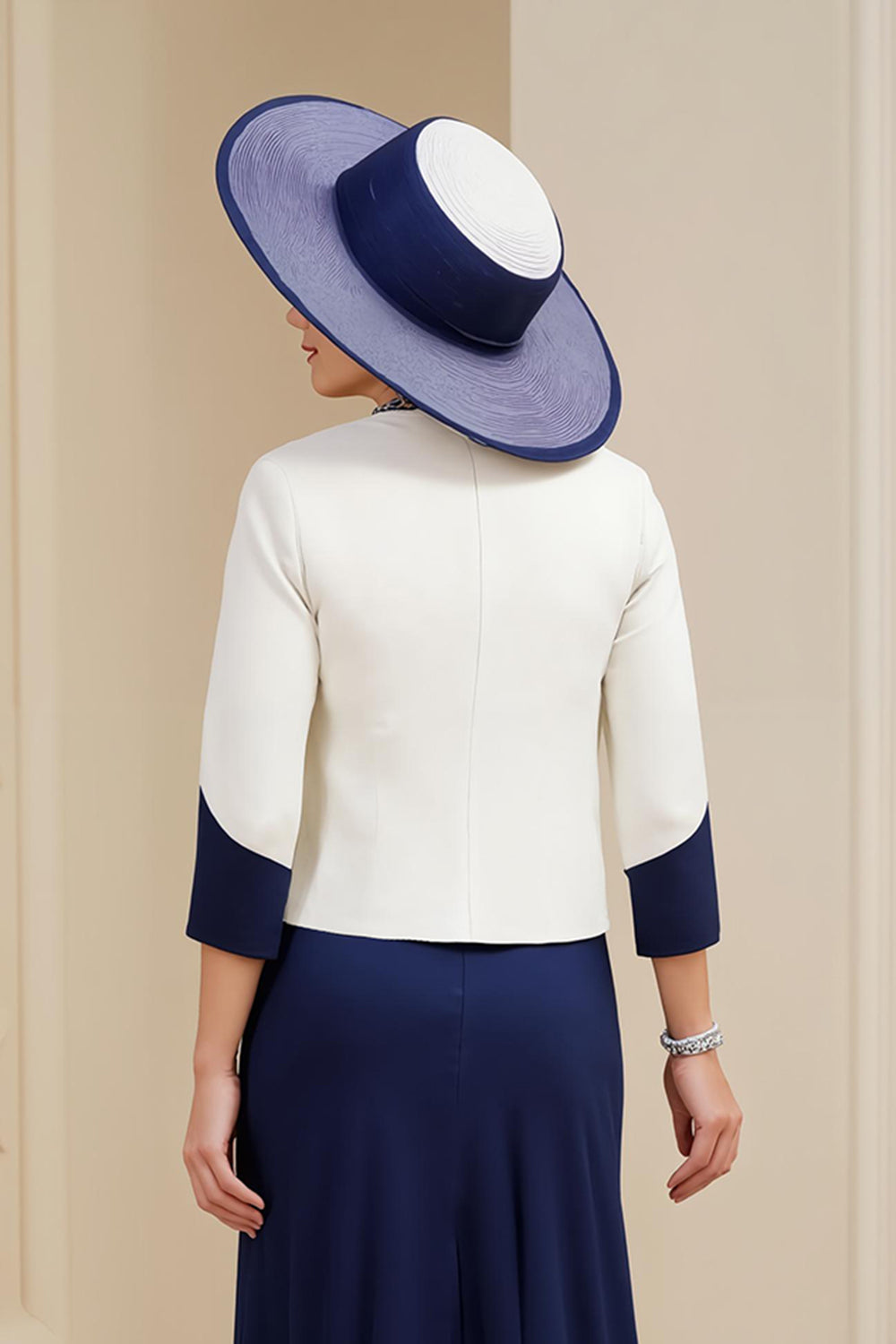 Robe 3 pièces Mère de la mariée à col bateau bleu marine trapèze avec dentelle