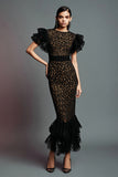 Robe longue formelle en dentelle noire sirène avec volants