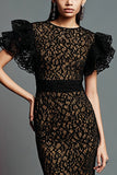 Robe longue formelle en dentelle noire sirène avec volants
