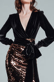 Robe longue formelle à paillettes noires et café scintillantes avec ceinture