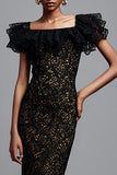 Fourreau en dentelle noire Robe longue formelle à volants avec manches