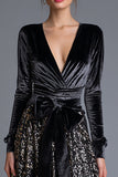Robe longue formelle noire scintillante à paillettes avec noeud