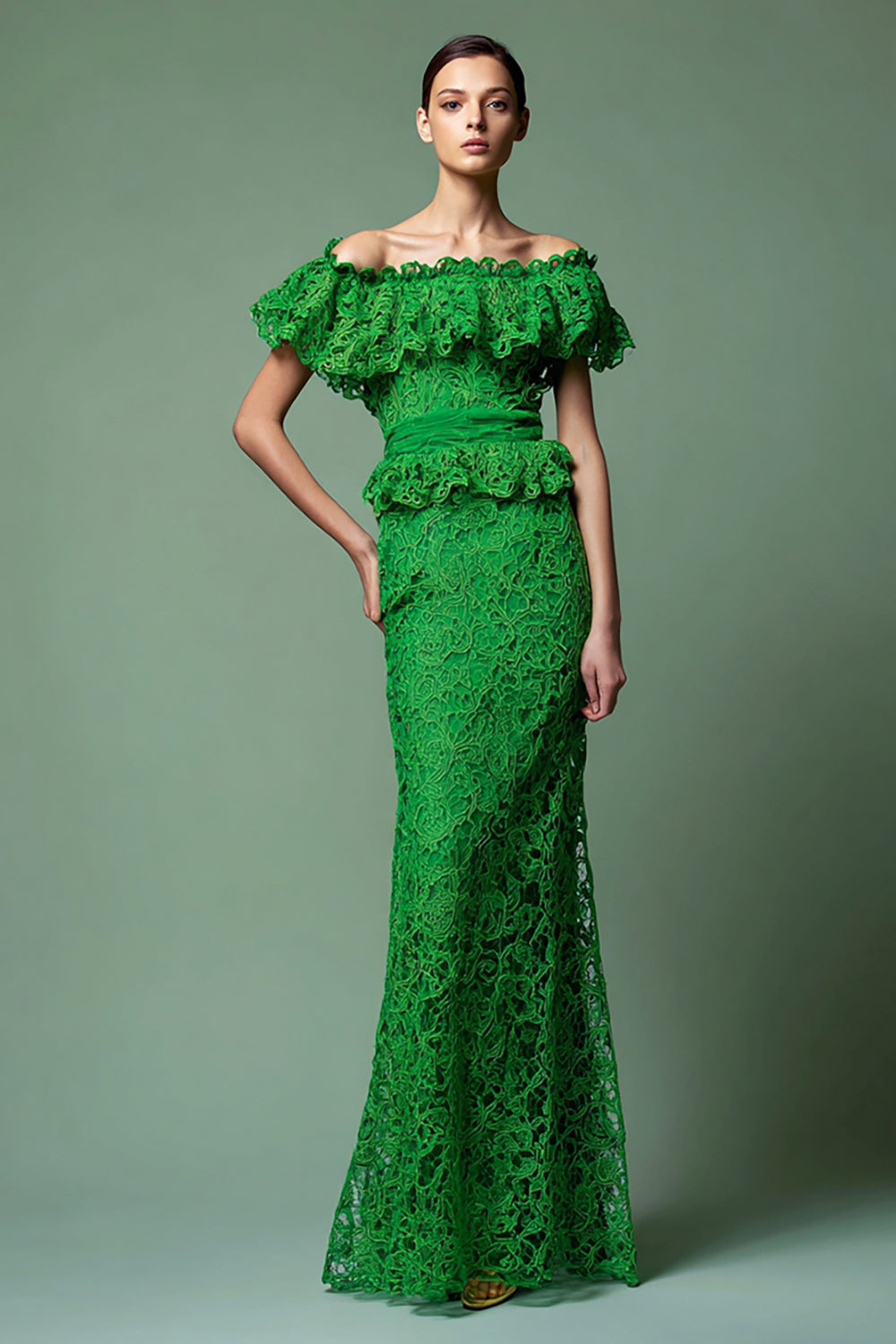 Robe longue formelle à manches bouffantes en dentelle verte fourreau avec volants
