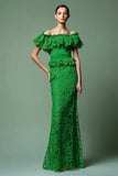 Robe longue formelle à manches bouffantes en dentelle verte fourreau avec volants