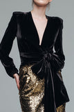 Robe longue formelle à paillettes fourreau noir et or scintillant avec noeud