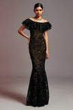 Robe longue formelle en dentelle noire sirène avec volants