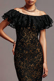 Robe longue formelle en dentelle noire sirène avec volants
