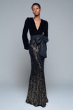 Robe longue formelle à col en V à paillettes sirène noire scintillante avec nœud