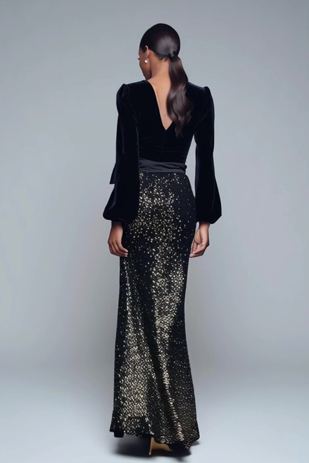 Robe longue formelle à col en V à paillettes sirène noire scintillante avec nœud
