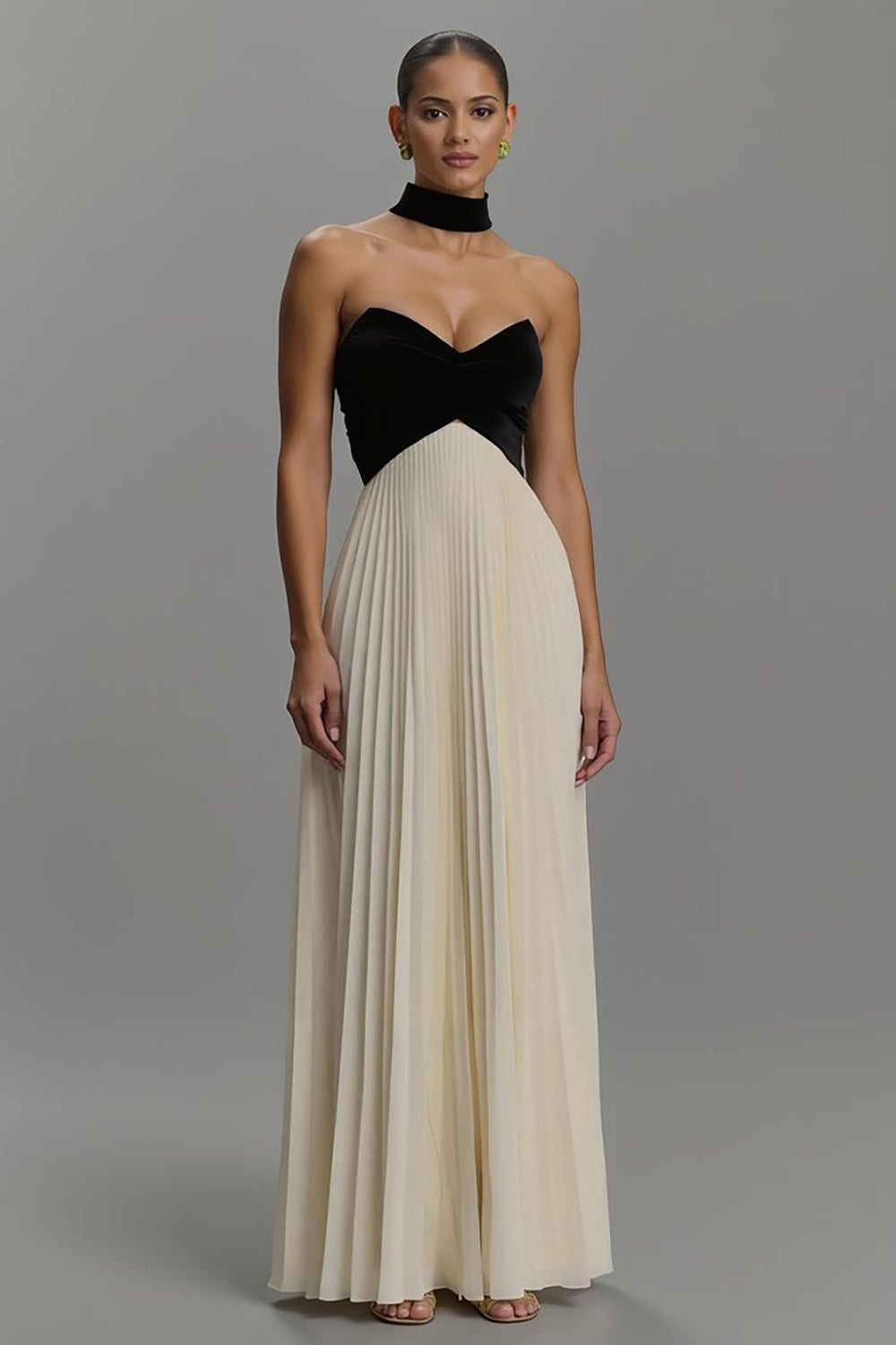 Noir et ivoire Robe longue formelle en mousseline de soie
