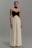 Noir et ivoire Robe longue formelle en mousseline de soie