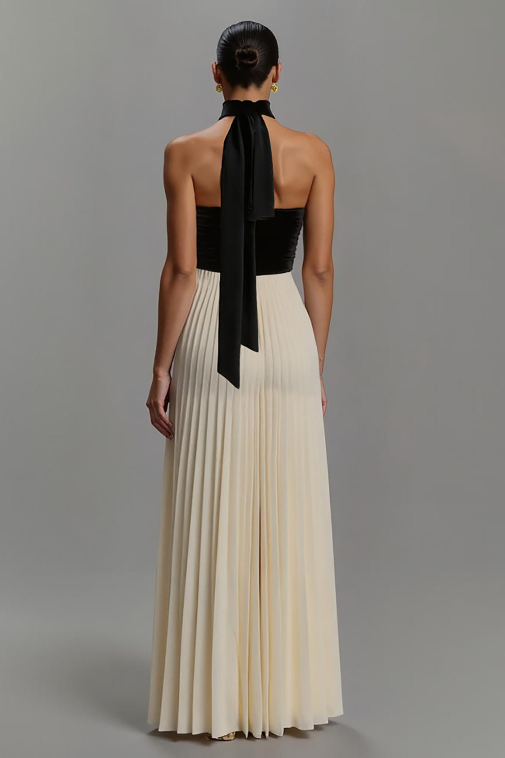 Noir et ivoire Robe longue formelle en mousseline de soie