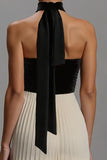 Noir et ivoire Robe longue formelle en mousseline de soie