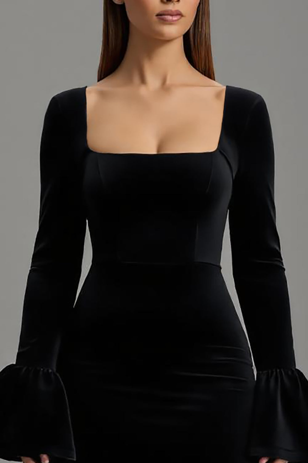 Robe longue formelle fourreau en velours noir avec gaines