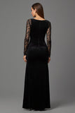 Robe longue formelle en velours noir à col bateau avec dentelle