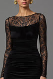 Robe longue formelle en velours noir à col bateau avec dentelle