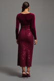 Robe longue formelle à paillettes fourreau bordeaux scintillante avec fente