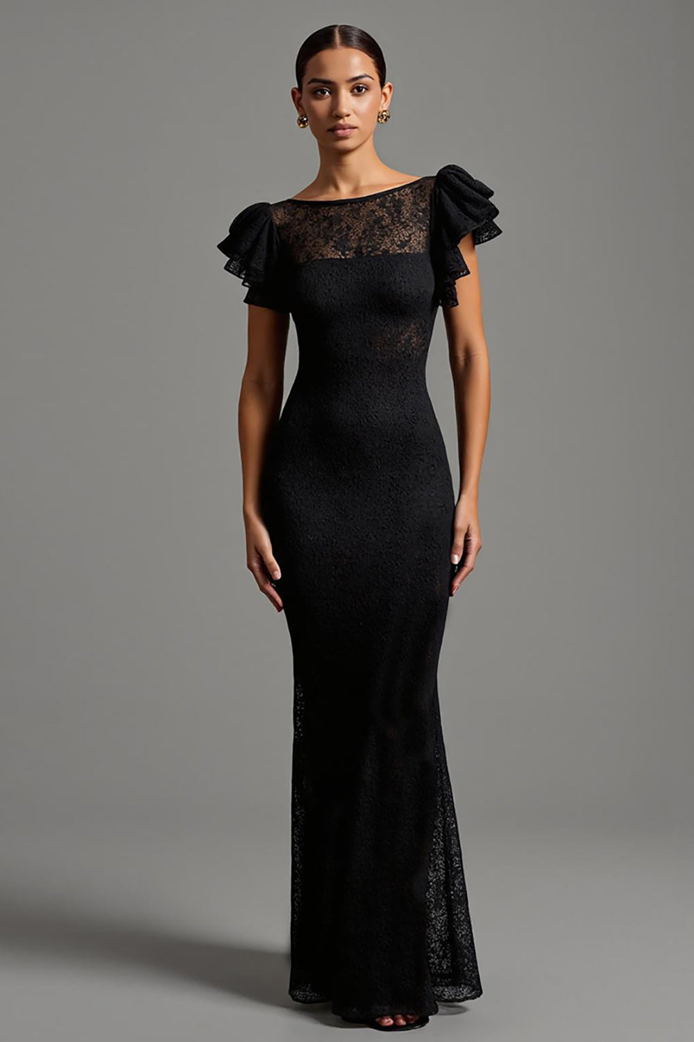 Robe longue formelle à col bateau en dentelle sirène noire avec volants