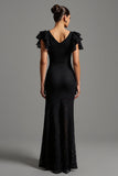 Robe longue formelle à col bateau en dentelle sirène noire avec volants