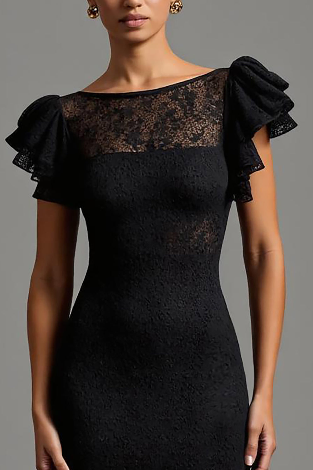 Robe longue formelle à col bateau en dentelle sirène noire avec volants