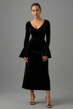 Robe longue formelle à manches longues en velours fourreau noir à col en V