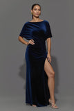 Robe longue formelle à col bateau en velours fourreau bleu marine avec fente