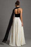 Noir et blanc Robe longue formelle en mousseline de soie