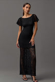 Robe longue formelle à manches longues à col bateau en dentelle noire à manches