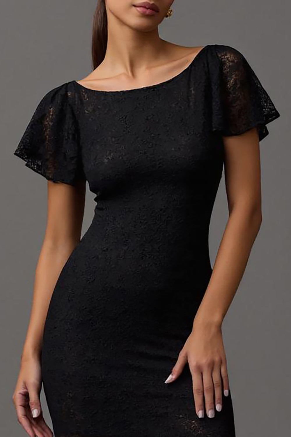 Robe longue formelle à manches longues à col bateau en dentelle noire à manches