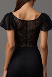 Robe longue formelle à manches longues à col bateau en dentelle noire à manches