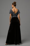 Robe longue formelle en velours noir et gris scintillant à paillettes
