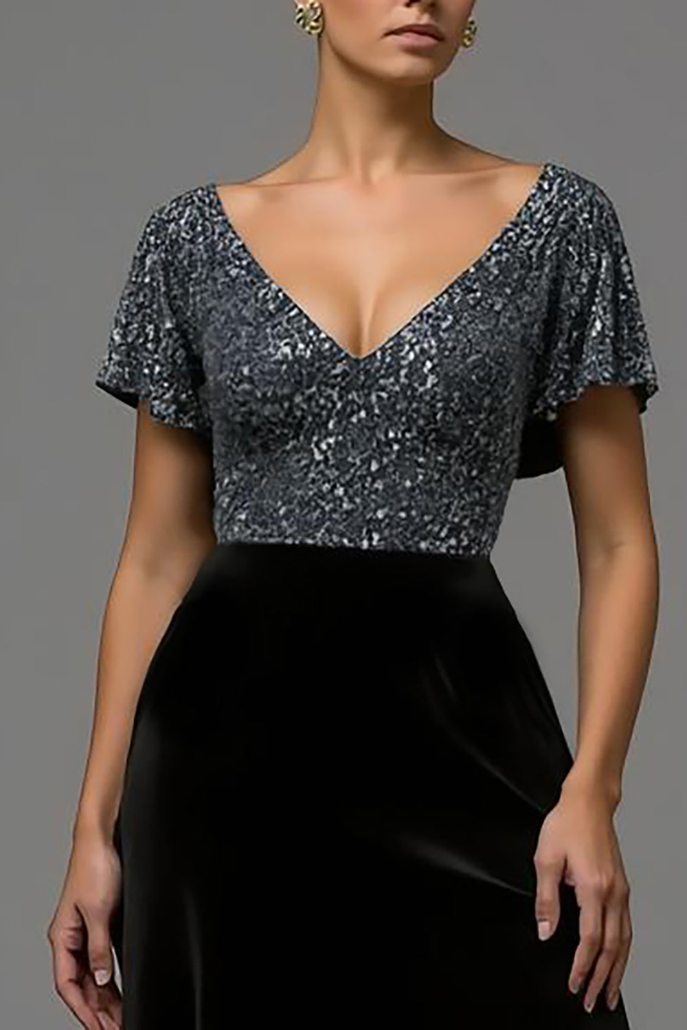 Robe longue formelle en velours noir et gris scintillant à paillettes
